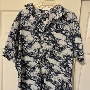 Alfani Men’s White & Blue Wave Print Button Down Shirt XL